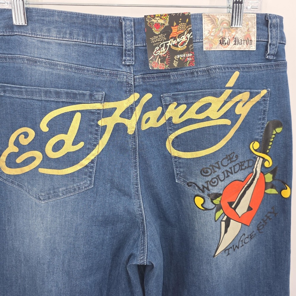 Y2K Ed Hardy Jeans Mens 32x34 Blue Relaxed Straight Tattoo‎ Heart Graphic Denim